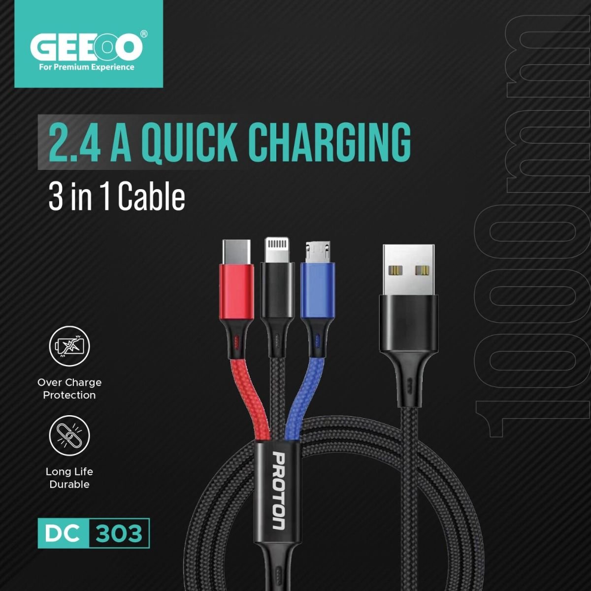 Geeoo 2.4A Fast Charging 3 in 1 Cable 1M Long DC 303